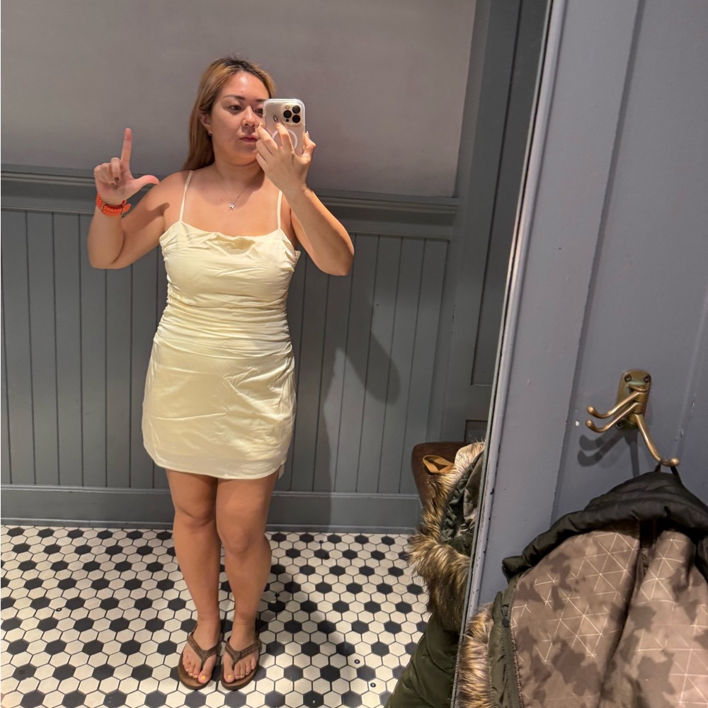 Elegant butter yellow/cream color satin bodycon dress with straps & back bow tie